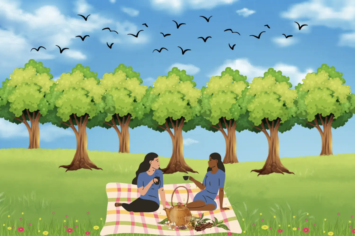 Graphic depicting two people sitting outside and sharing tea. (Hustler Multimedia/Lily Martinez)